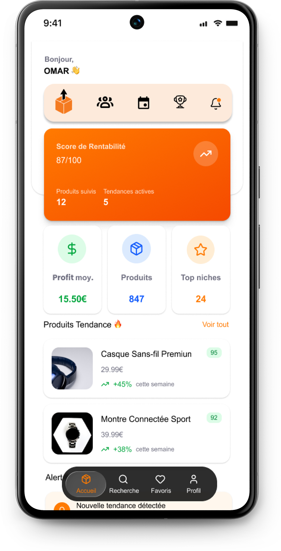 Tableau de bord Winning Items avec score de rentabilité