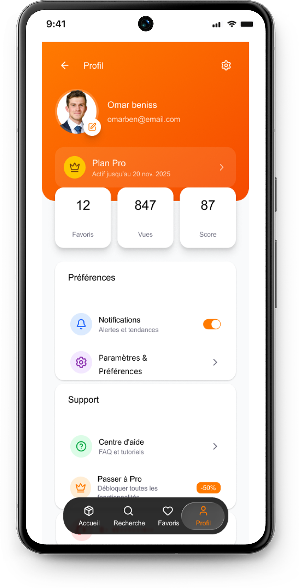 Profil utilisateur avec favoris et statistiques
