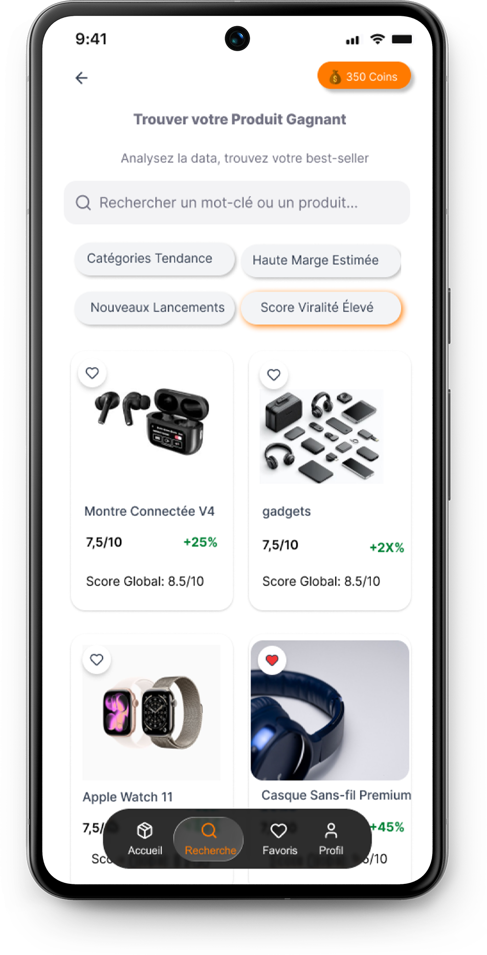 Recherche de produit gagnant par mot-clé et filtres