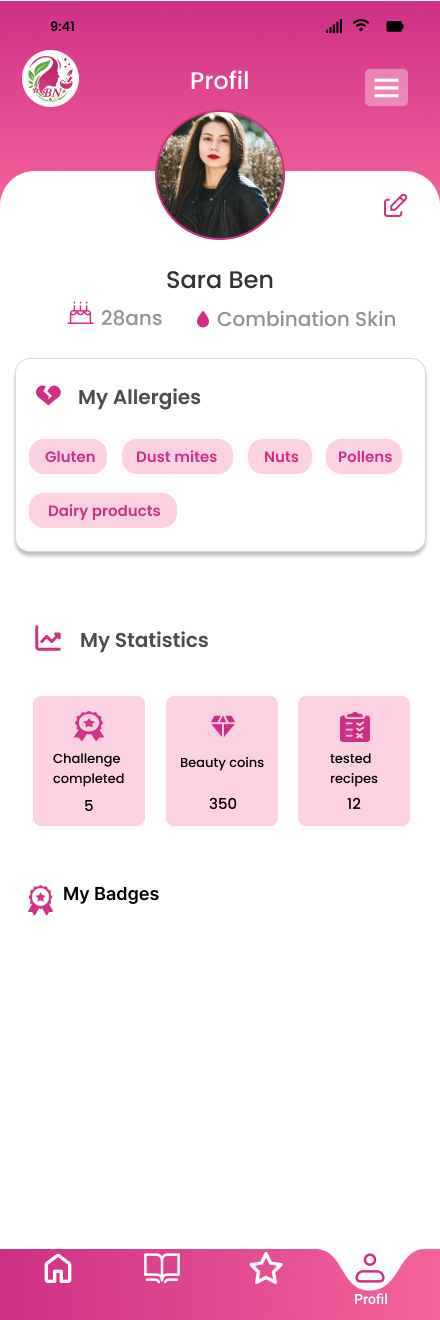 Profil avec allergies et statistiques