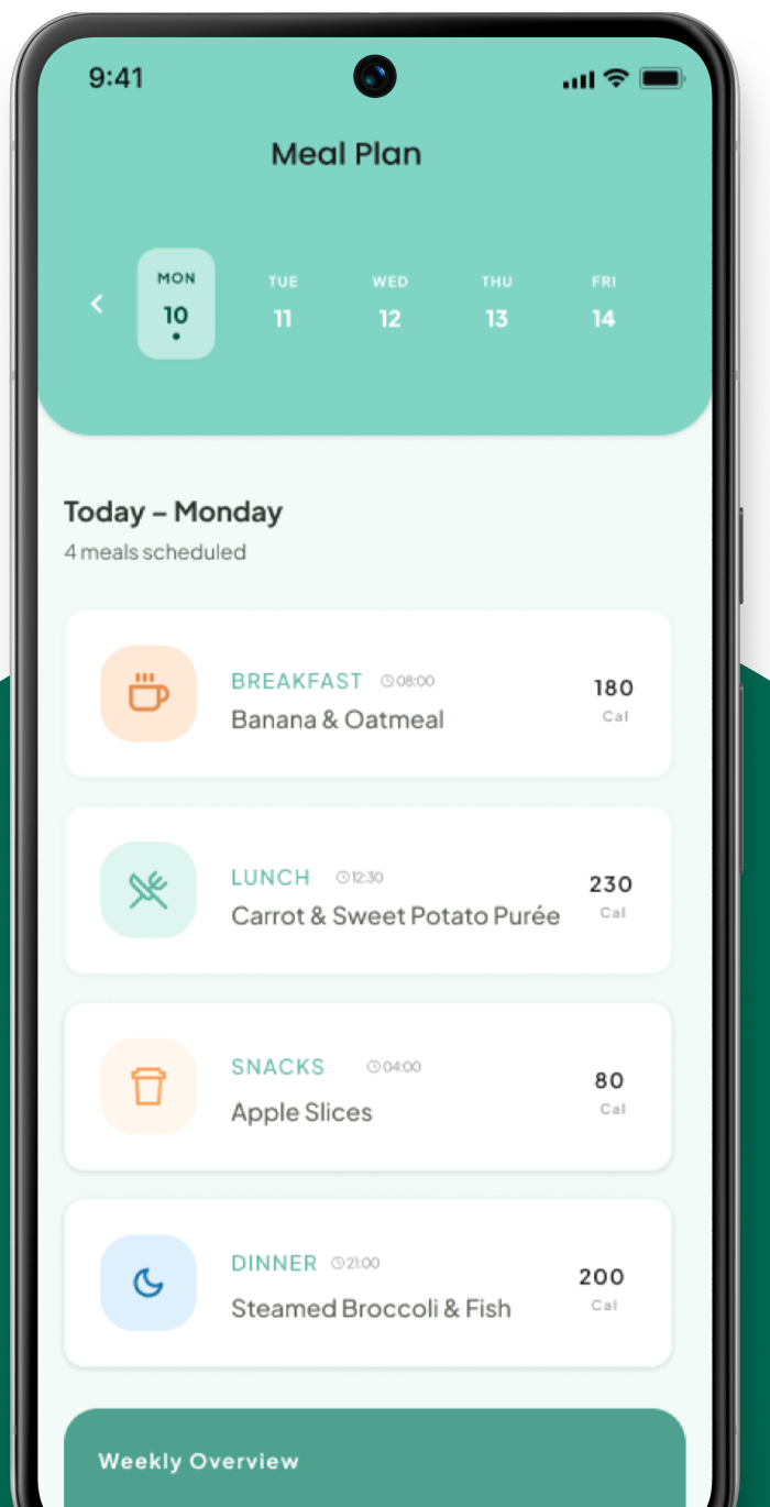 Écran de planification des repas Baby Food