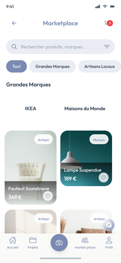 Marketplace Smart Deco AI avec grandes marques et artisans locaux